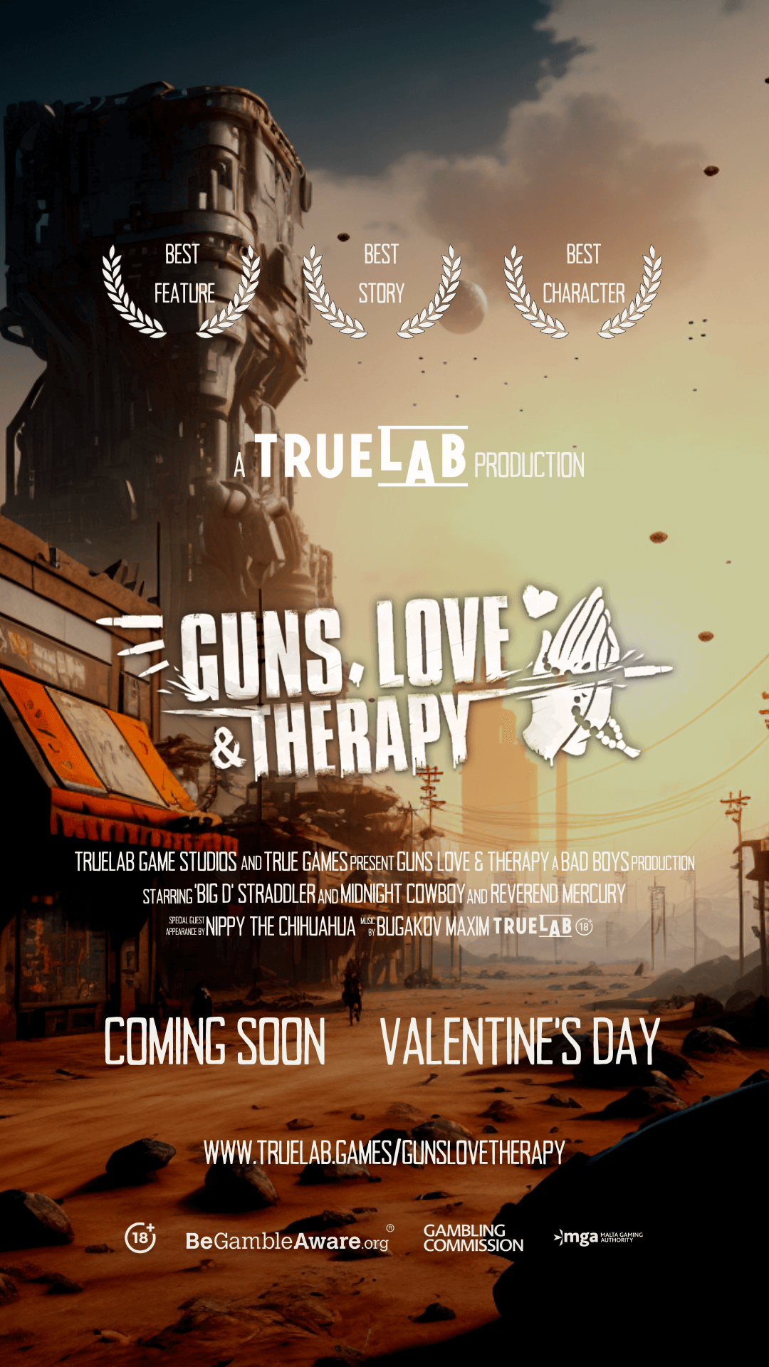 Movie-like poster of 'Guns, love and therapy' game